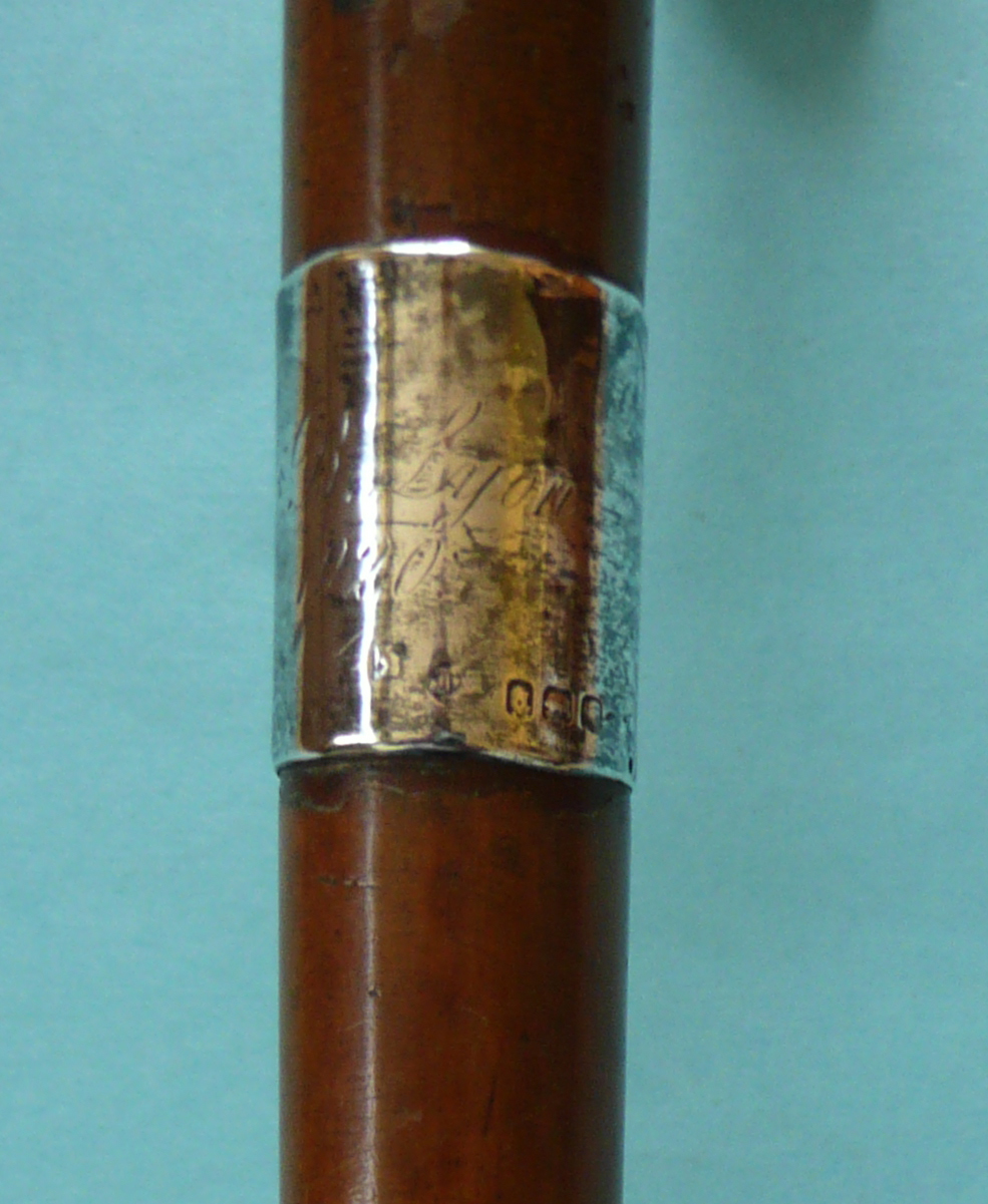 A walking stick with silver collar hallmarked for London 1916, engraved C.B. Lyon 1920 - Image 3 of 3