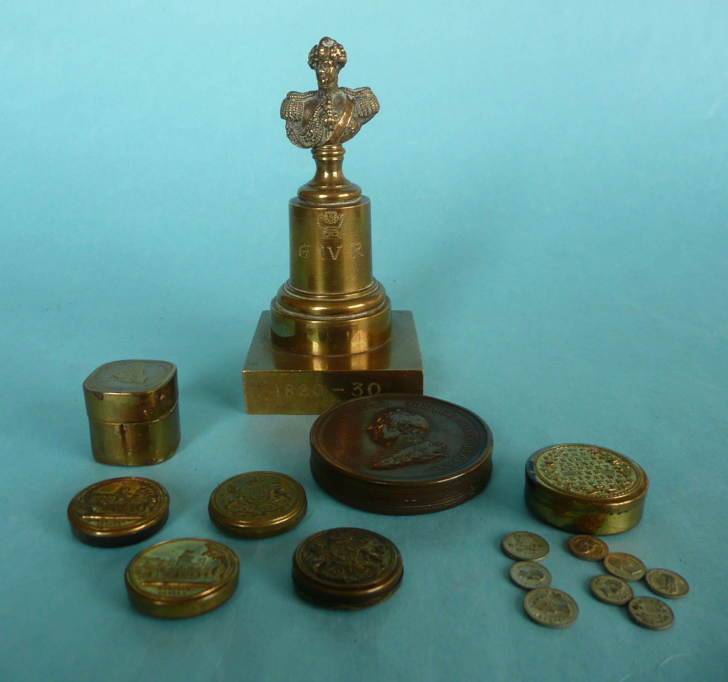 A small cast brass portrait bust on engraved base and an embossed copper box both for George IV - Image 2 of 2