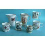 George VI: a large Copeland mug, 141mm, a Royal Crown Derby mug, three other mugs, a loving cup