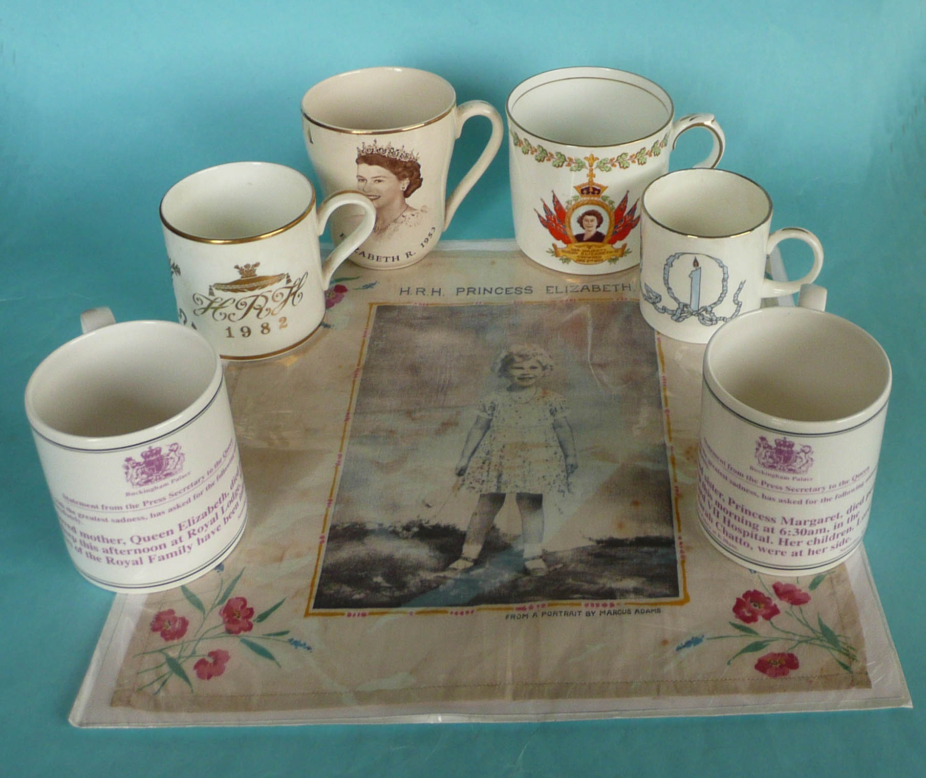 Two mugs for 1953, a mug for 1982 birth, another 1983 first birthday and two for Margaret