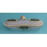 A kidney shaped pen tray and cover: Shell Subjects, mauve ground, gold line decoration