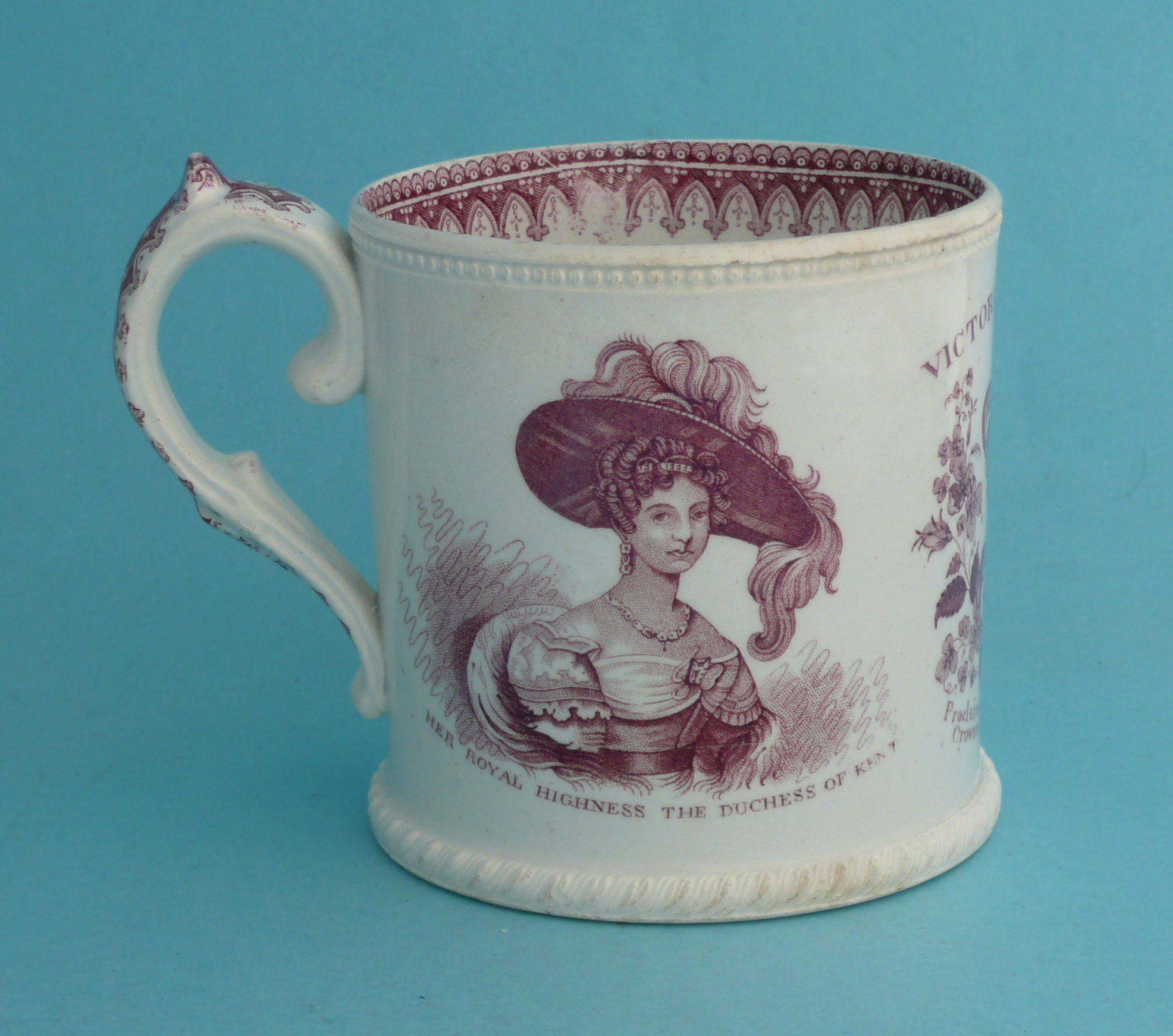 1838 Coronation: a cylindrical pearlware mug by Read & Clementson printed in pink with portraits - Image 2 of 5