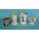 1937 Coronation: a Minton beaker, a Melba globe and two small character jugs (4)
