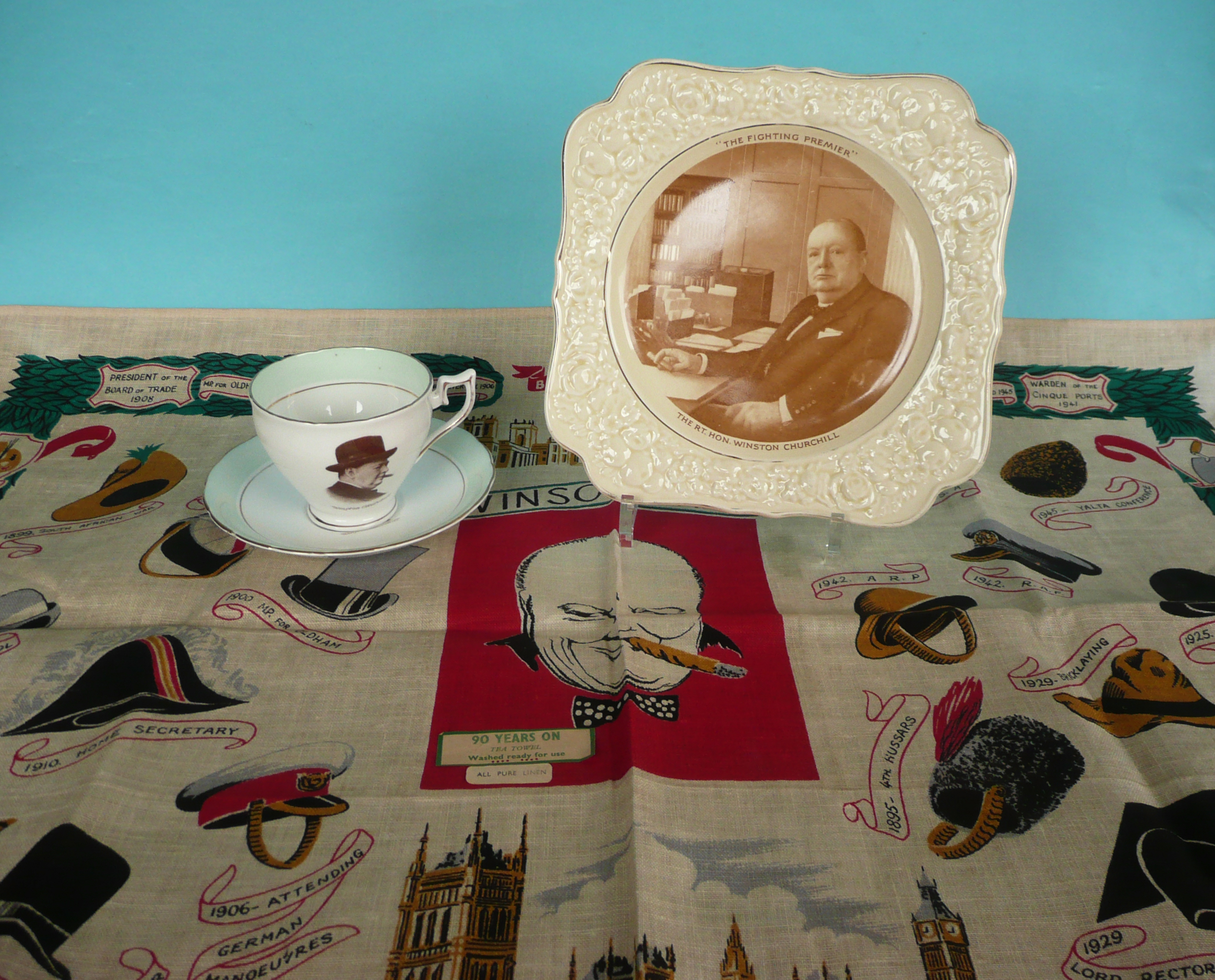 Winston Churchill: a Crown Ducal plate, a Wellington China cup and saucer for 1940s