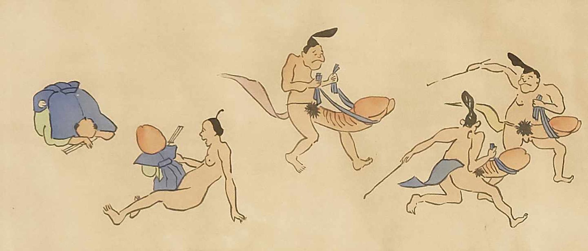 Scroll painting by Gyu Sai Kawanabe, mocking pictures of the strength of the man, Japan, - Bild 3 aus 6