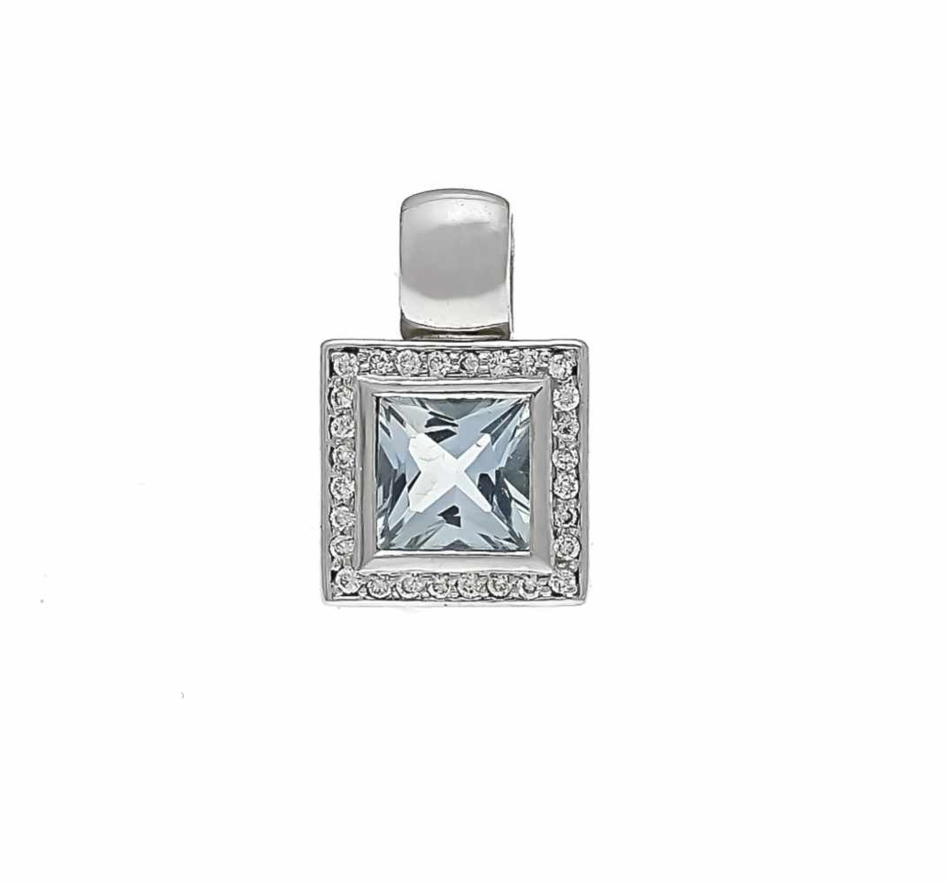 Blue topaz brilliant pendant WG 585/000 with a fac. Blue topaz carré and diamonds, total<