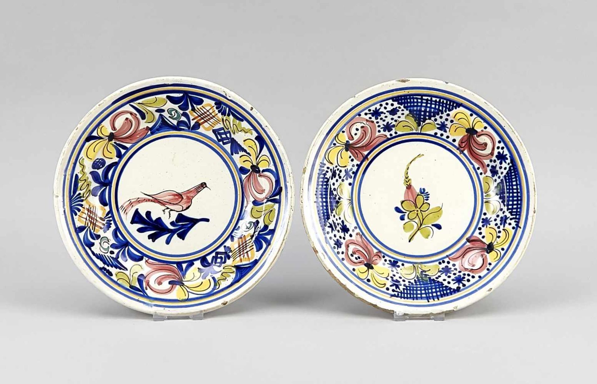 Two plates. Faience, presumably 19th cent. Beiger stoneware, polychrome floral painting,