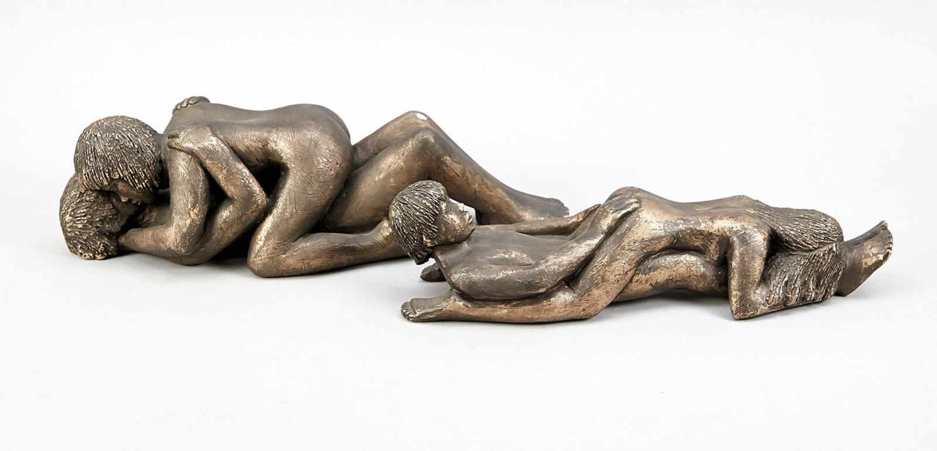 Two lovers, 20th century, plaster, painted, bronzed, sign. underneath ''buck'', min. bumoed,
