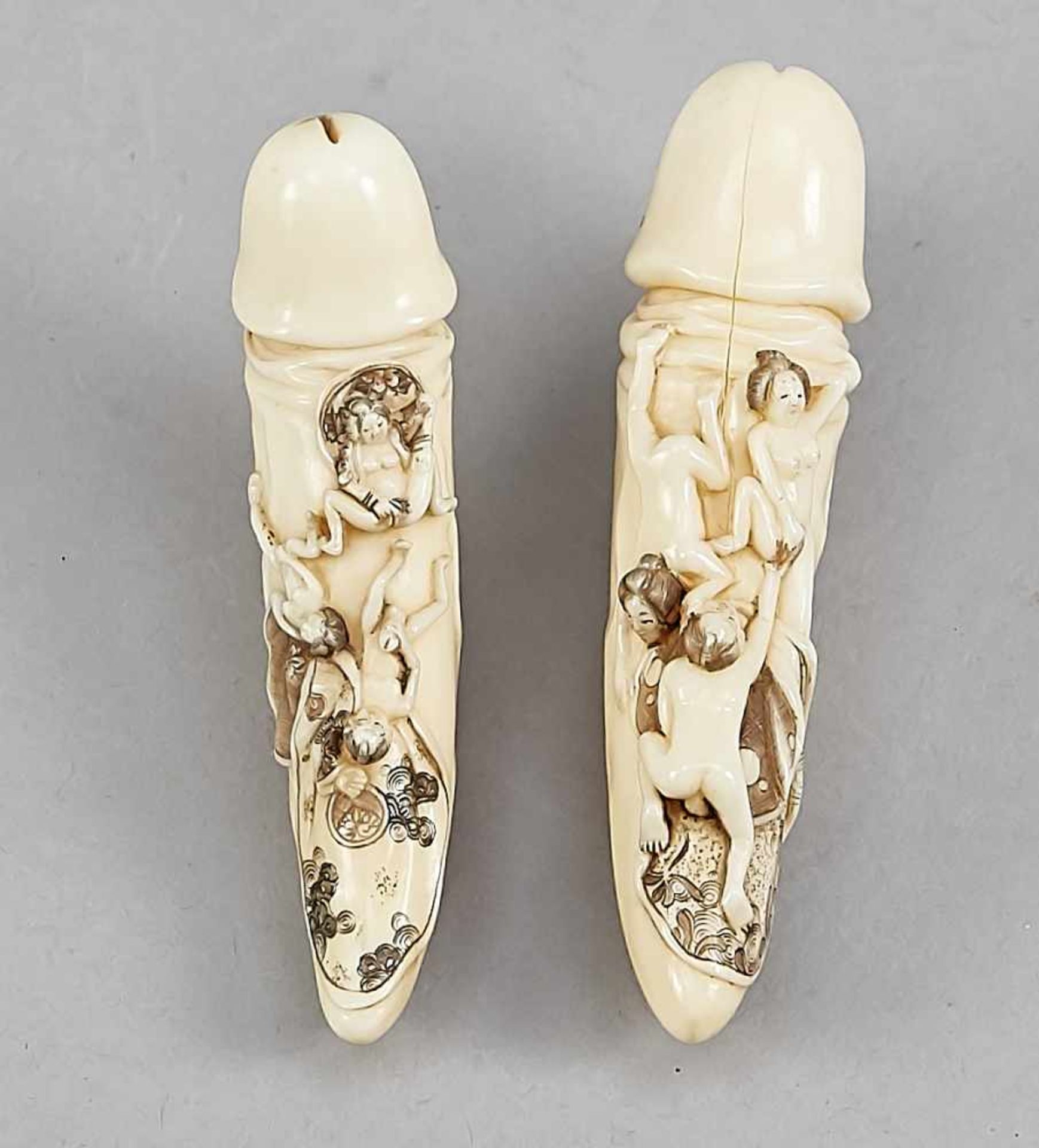 Two phallic netsuke around 1930, ivory incised and carved with erotic scenes of loving