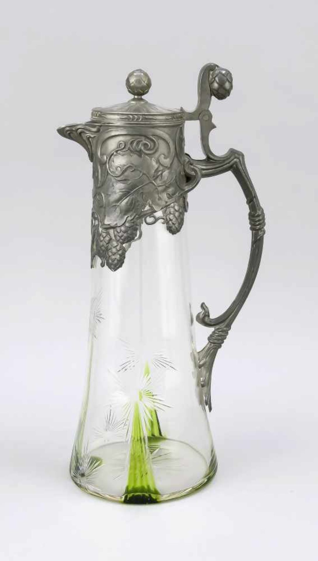 Large jug with pewter mounting, around 1900, round stand, body with tapered wall, clear