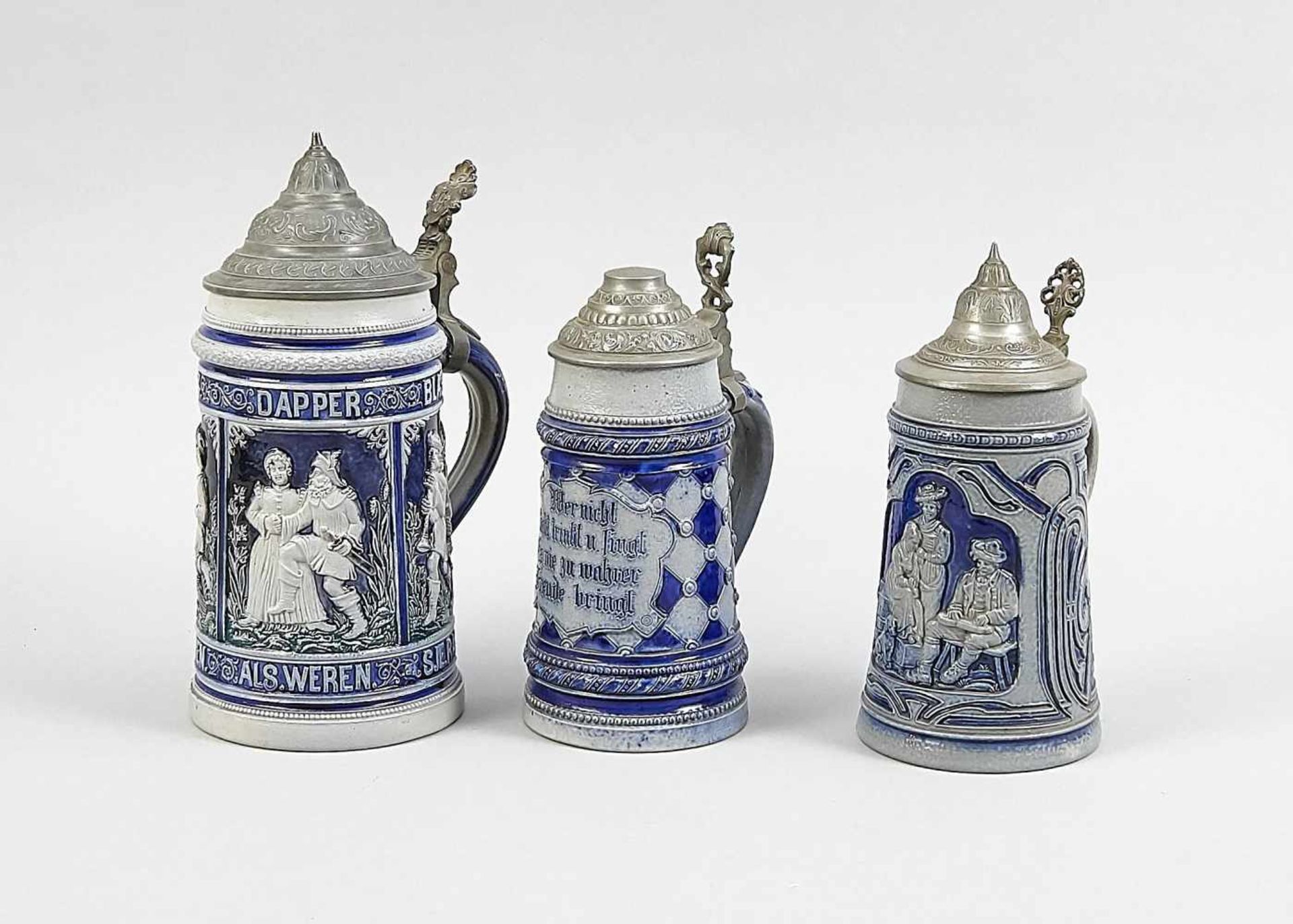 Three Westerwald stoneware beer mug with tin hinged lid assemblies, 19th century, round