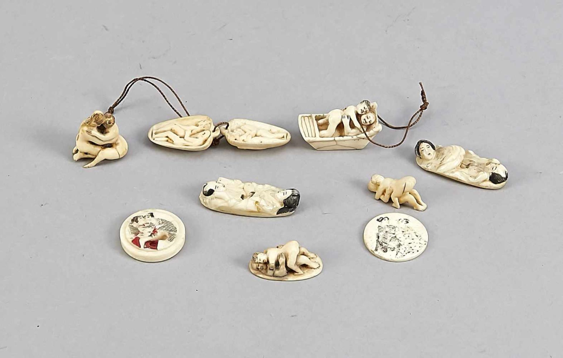 8 figural miniature ivory carvings presumably Japanese around 1900, couples making love,