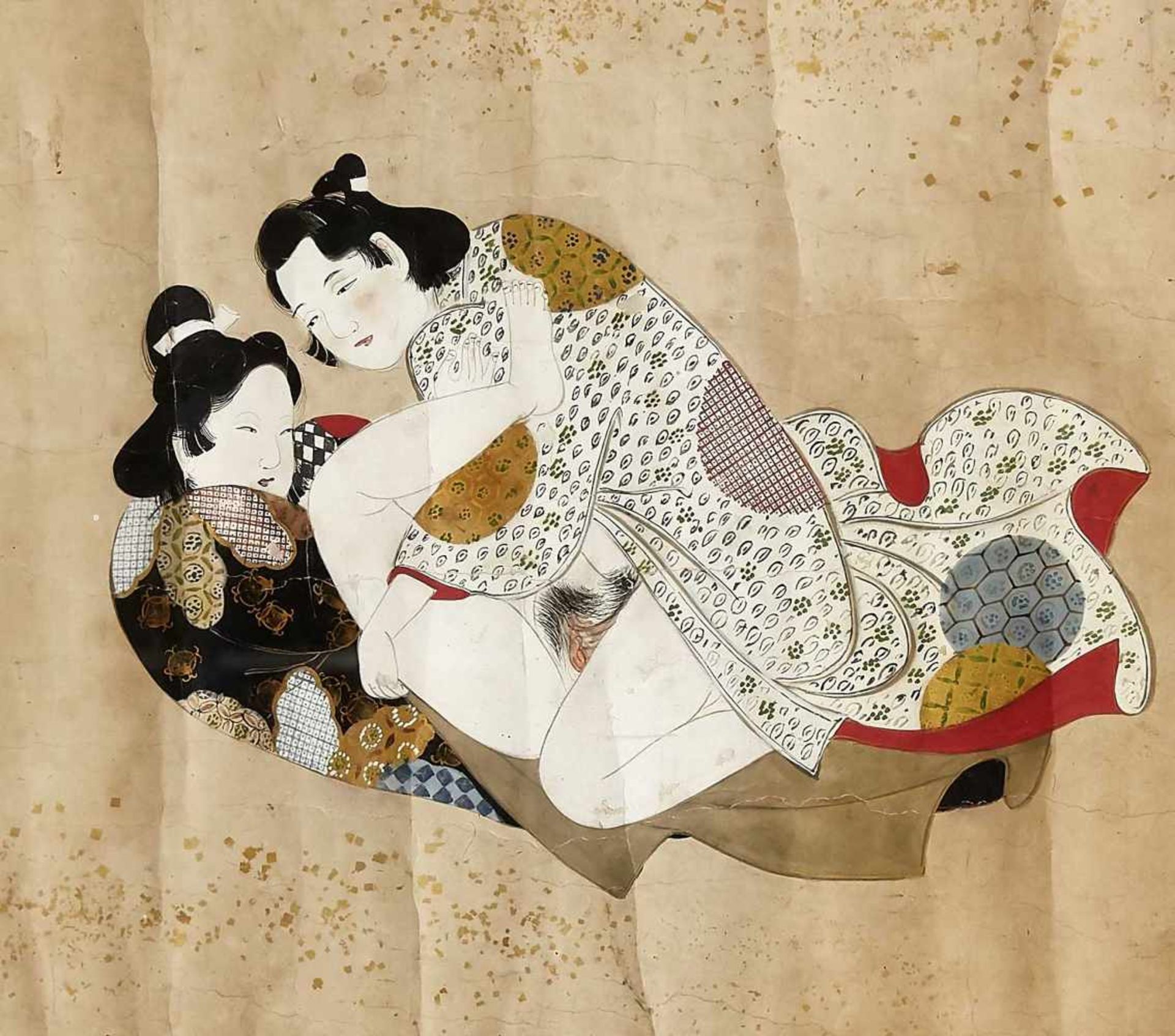 Shunga scroll painting, Japan, 18th century, painting in gouache a. gold, 7 positions, - Bild 7 aus 8