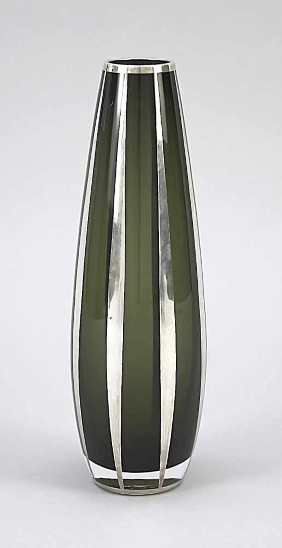 Vase, 20th century, round base, slender, slightly bulgy form, green glass with silver