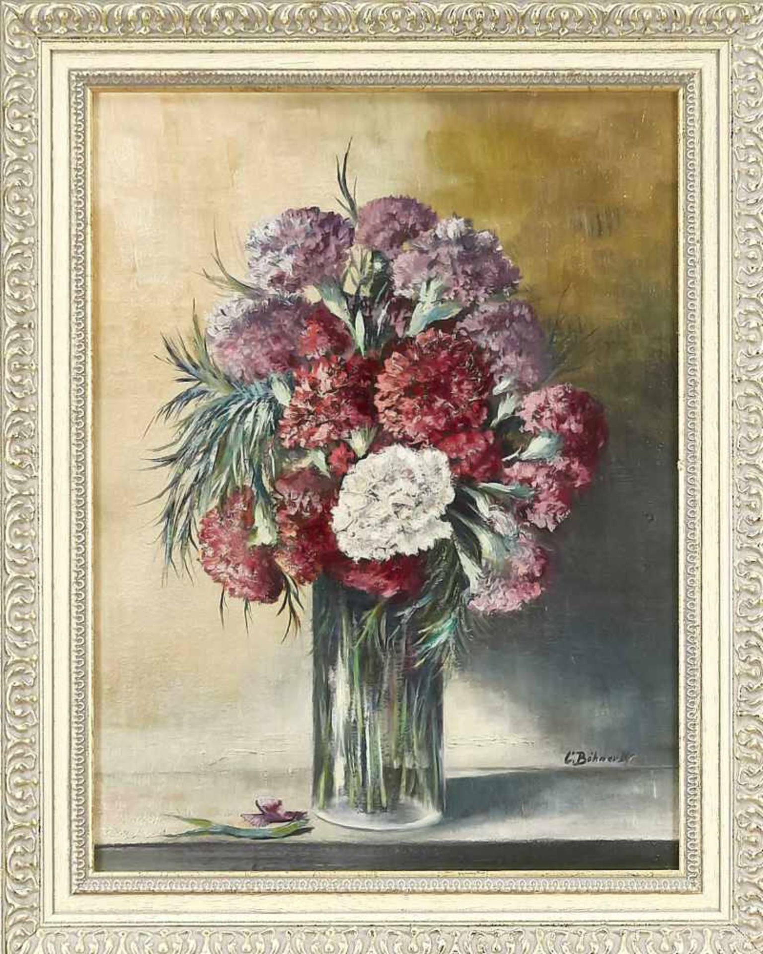Carl Böhner, Dusseldorfer flower painter 1st H. 20th c., Carnation bouquet, oil on Lwd.,<