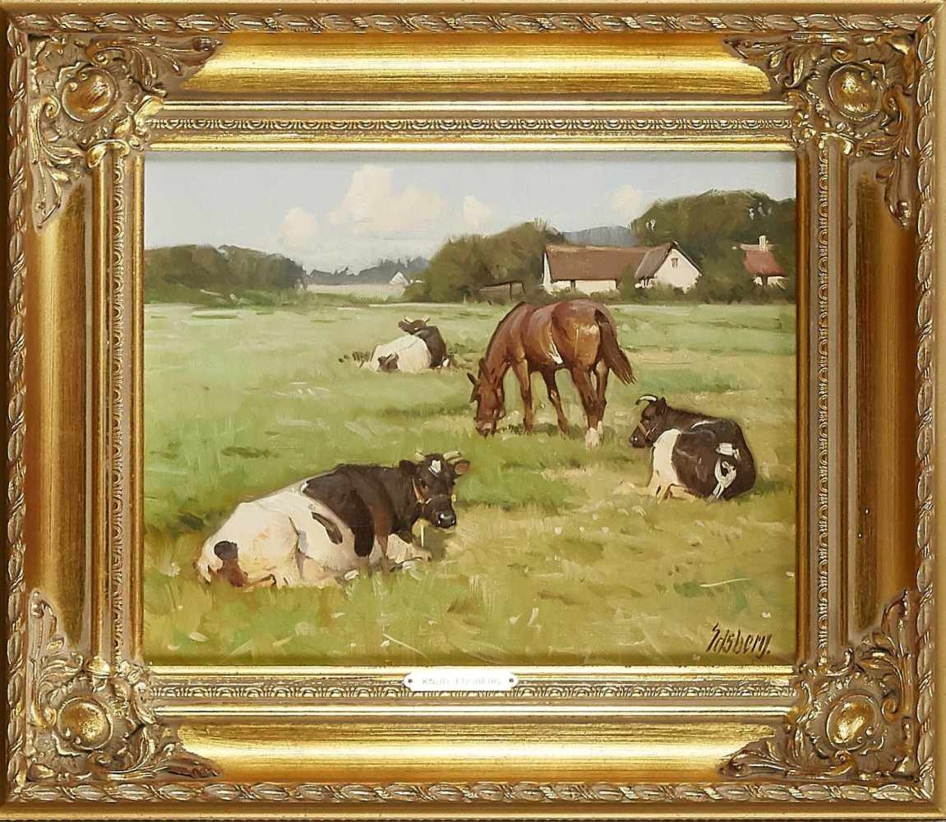 Knud Edsberg (born 1945), Danish landscape and genre painter, grazing cows and horse in