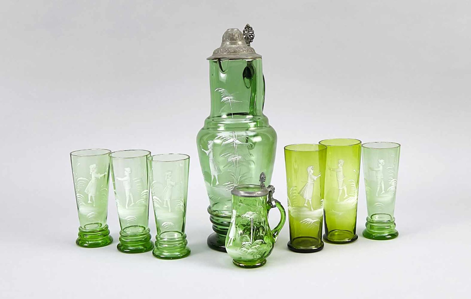 Compilation of eight pieces, around 1900, green glass (slightly different tones) with