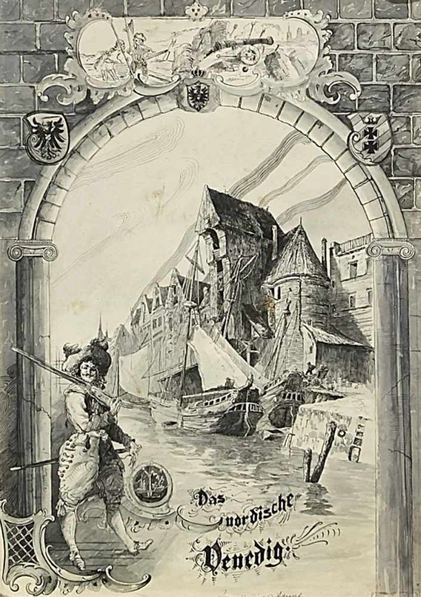 German illustrator of the 19th century, ''The Nordic Venice'', view of Gdansk with the crane