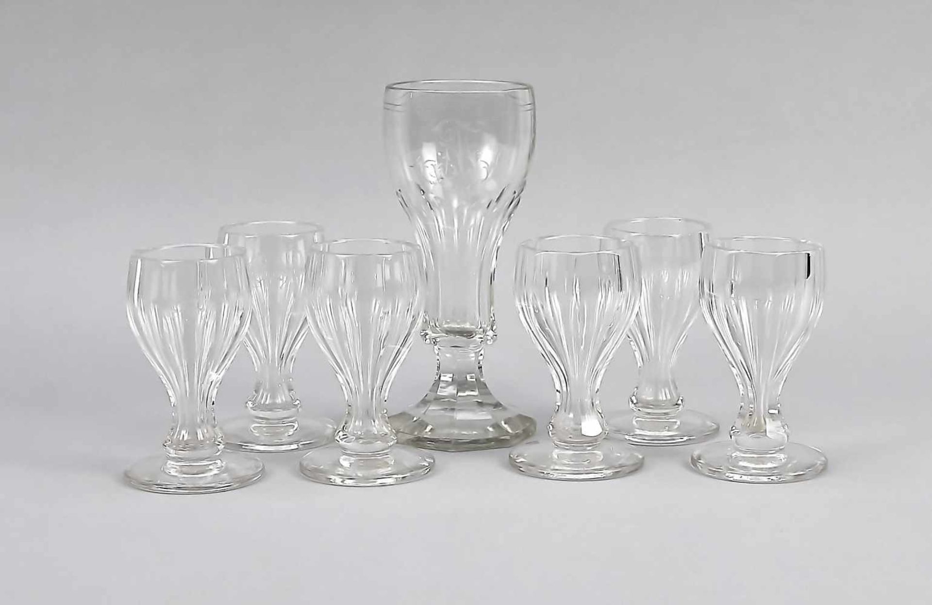 Six goblets, around 1900, round base, curved top, clear glass, edged, with monogram, h. 12