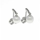 Akoya diamond stud earrings WG 585/000 with 2 Akoya pearls 6 mm and 8 diamonds, total 0.04