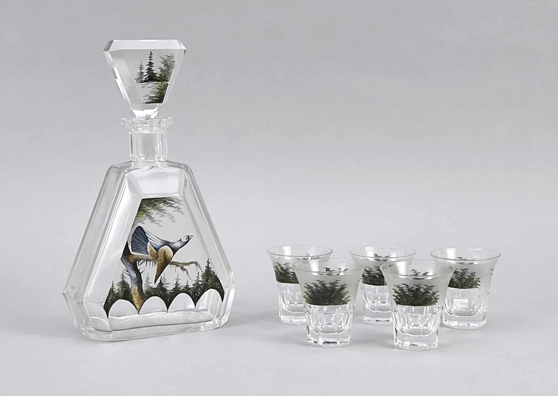 Art Déco liqueur set, around 1920/30, carafe and 5 glasses, clear glass, partly frosted,<