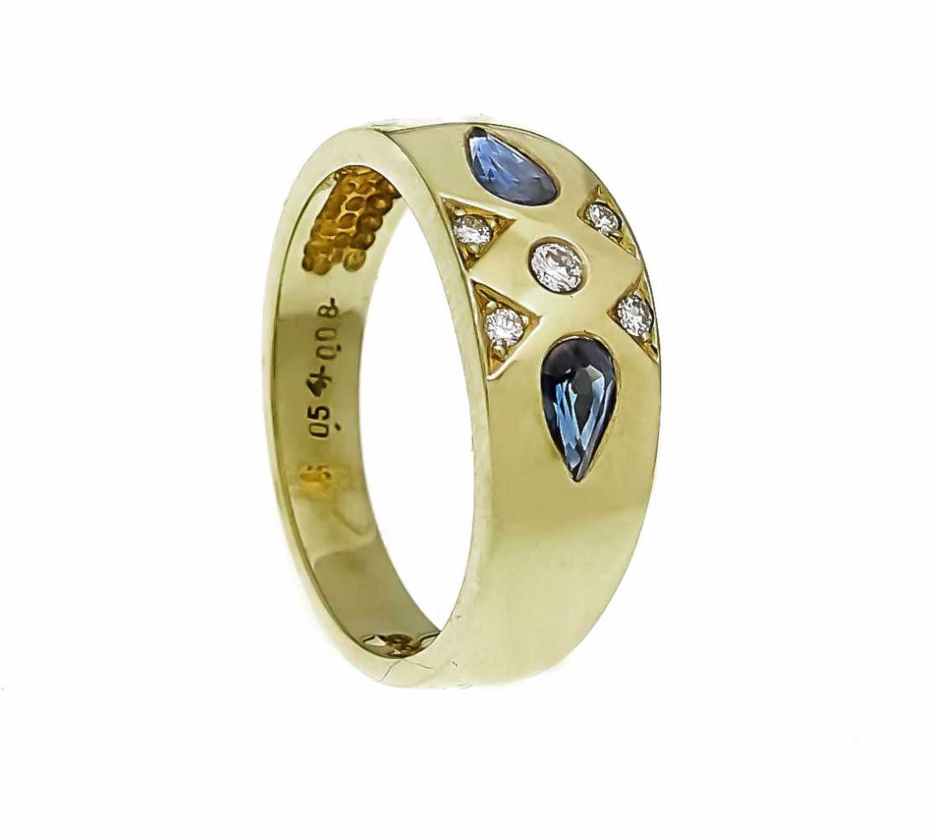 Sapphire-brilliant ring GG 585/000 with 2 fac. Sapphire drops 0.54 ct in good color and 5