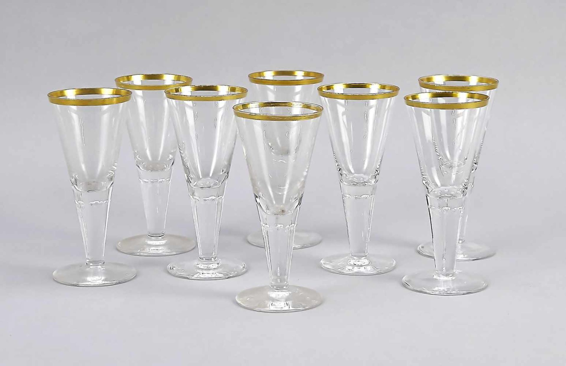 Eight goblets, early 20th century, round disc base, conical shaft merging into the top,