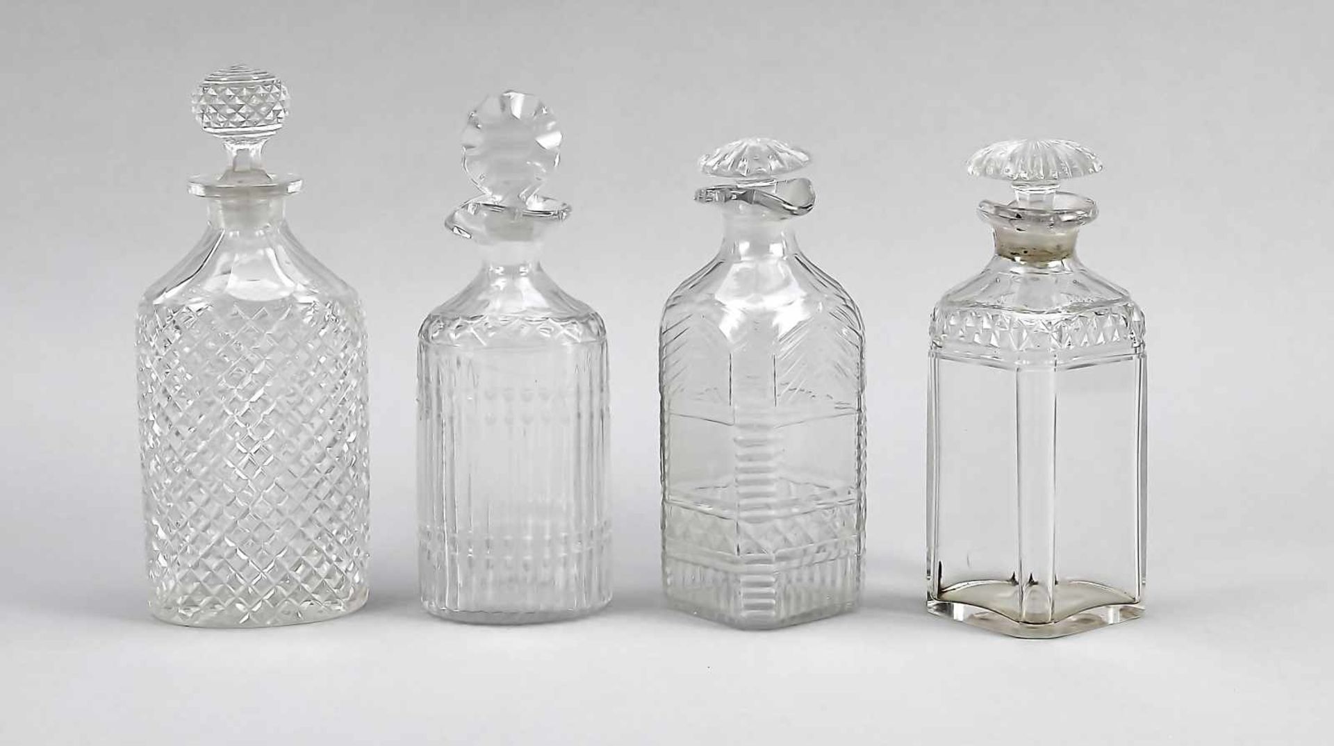 Four flasks, 20th cent., different shapes and sizes, 2 oval, 2 quadrangular with flattened