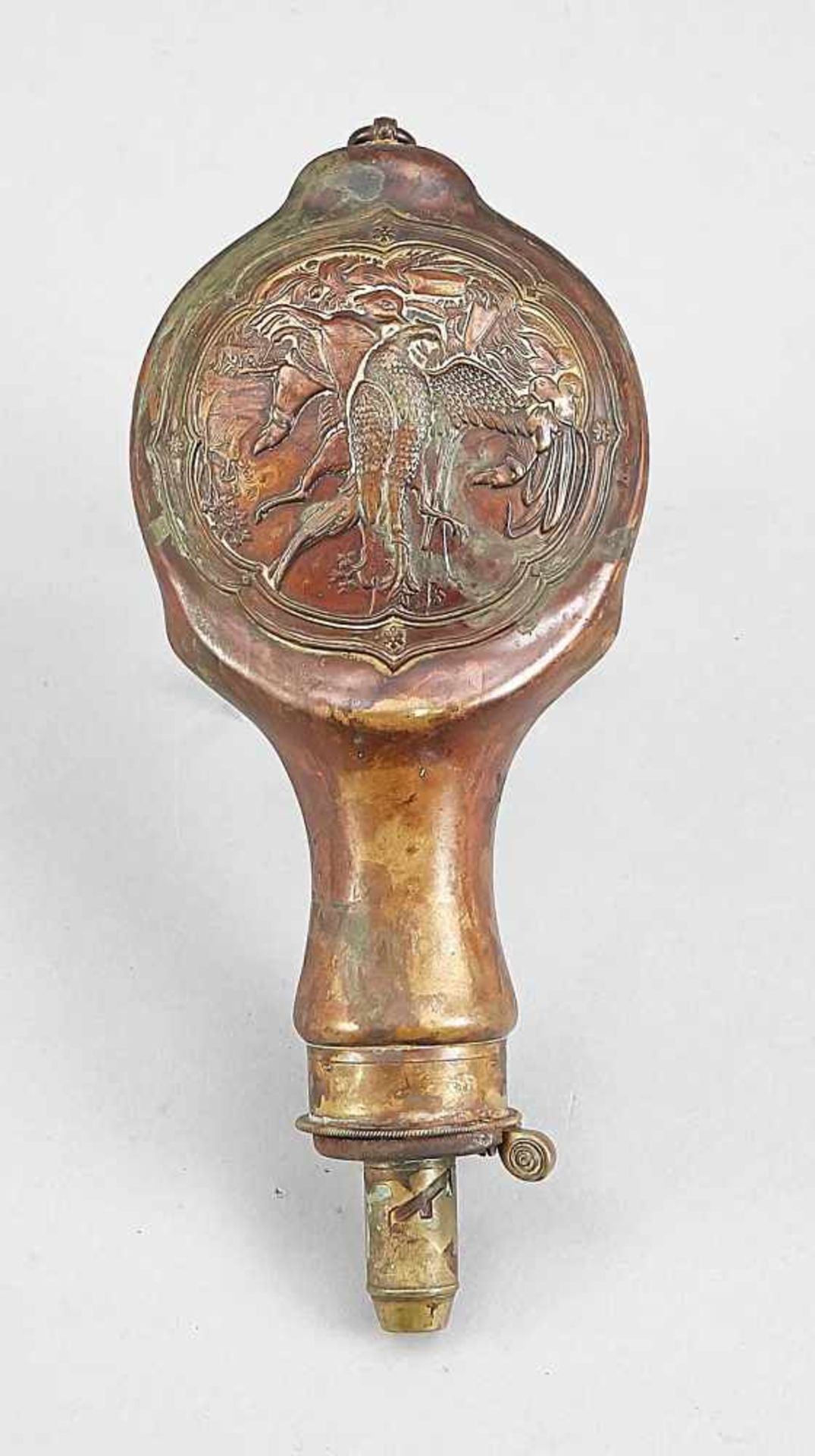 Powder bottle with hunting motif in relief and an engraved erotic scene on the back, 19th
