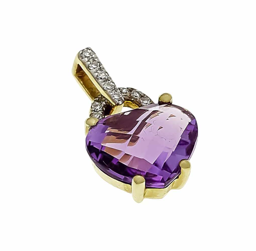 Amethyst diamond pendant GG 585/000 with a fac. Amethyst heart 10 x 8 mm and diamonds,