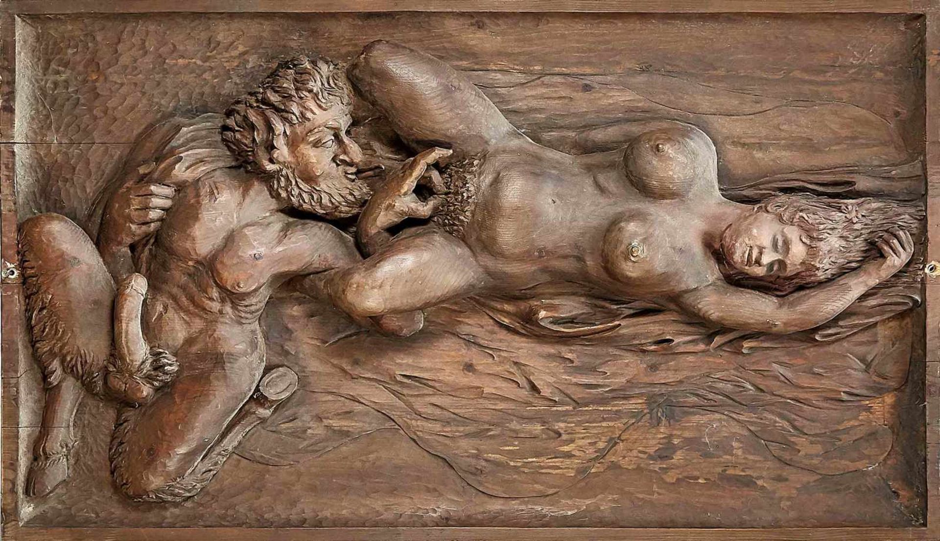 Relief w. Faun and Nymph, Spain, early 20th century, oak wood, carved, partially subtle