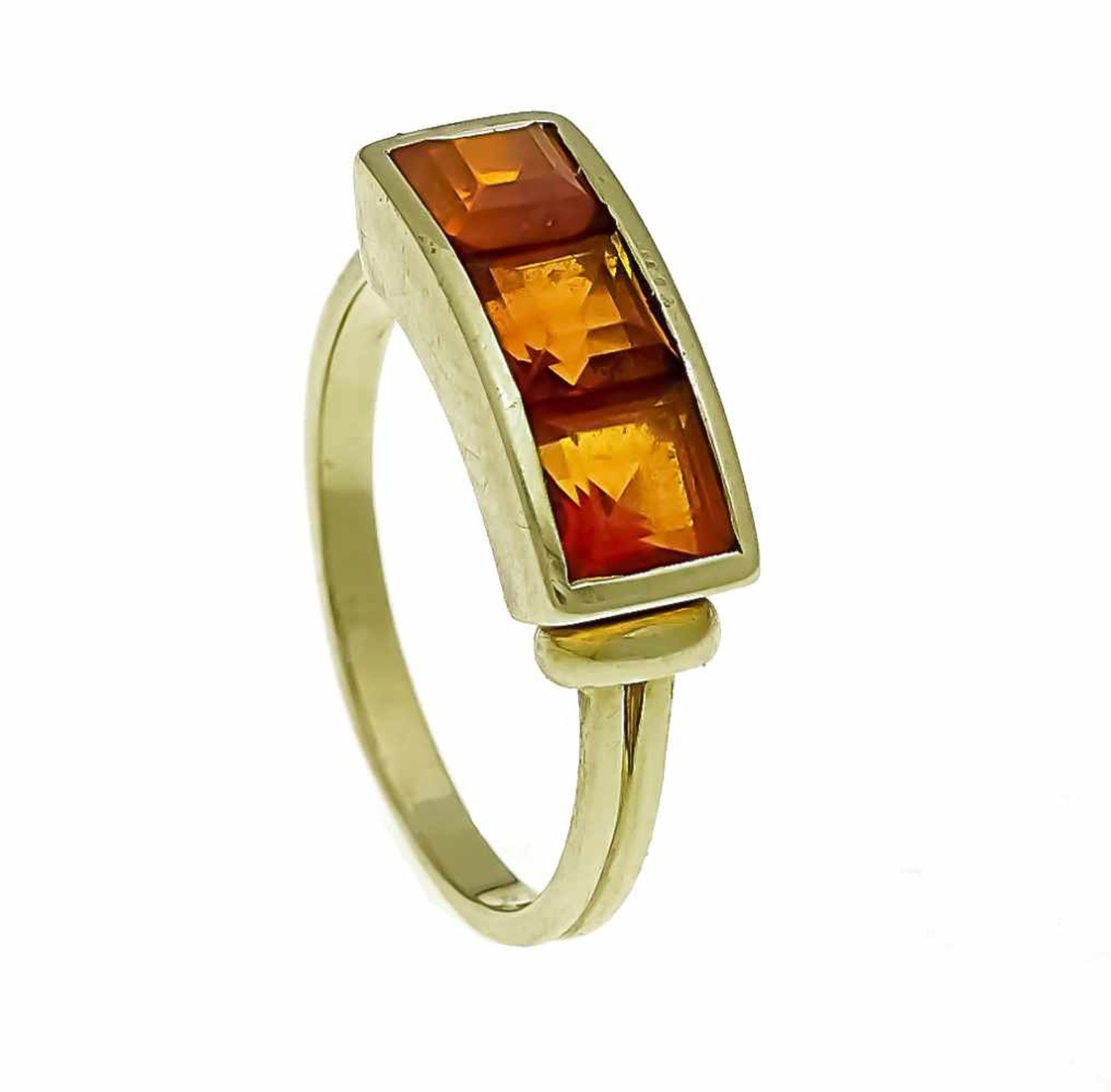 Citrine ring GG 585/000 with 3 facets. Citrine carrés 5 mm, ring size 56, 4.7 g<