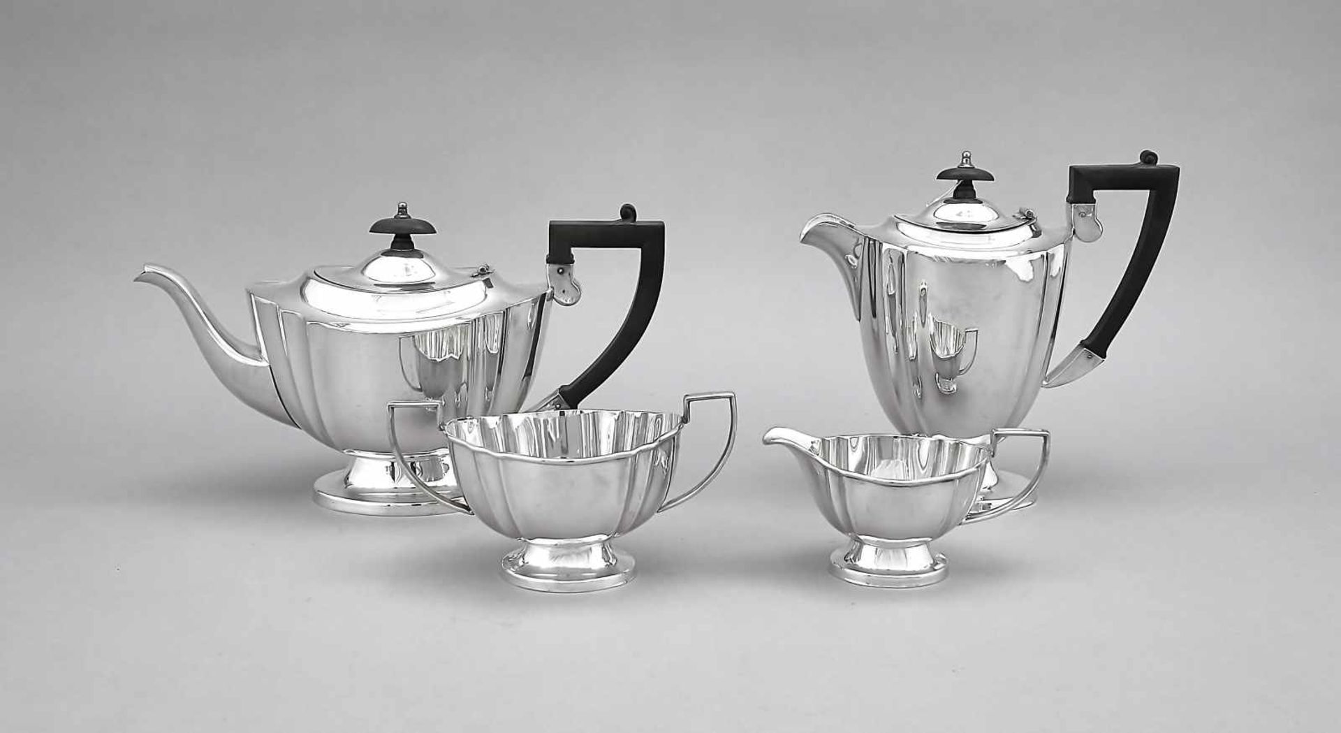 Four-piece coffee and tea service, England, 20th cent., plated, on an oval base, smooth