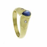 Sapphire-diamond ring GG 585/000 with a teardrop-shaped sapphire cabochon 6 x 4 mm in very