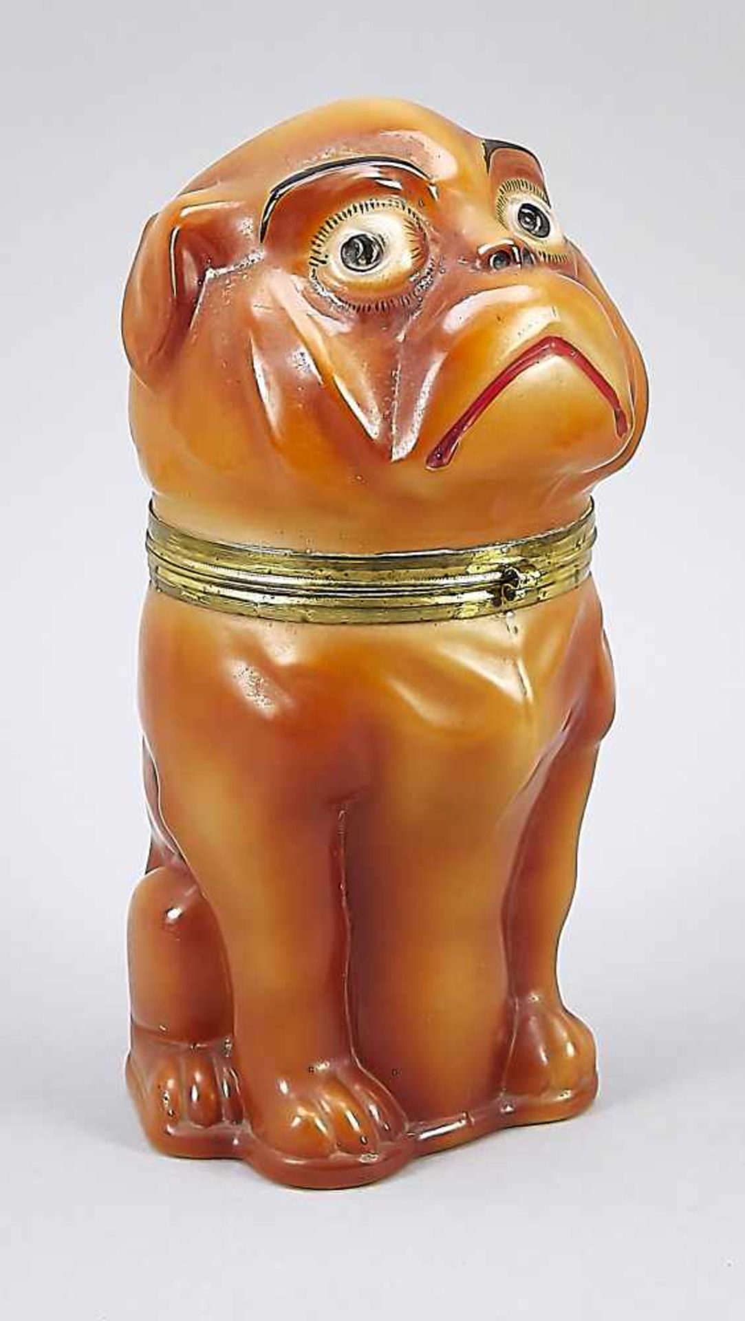 Box in the form of a sitting dog, 1st half of the 20th century, white and brown glass,