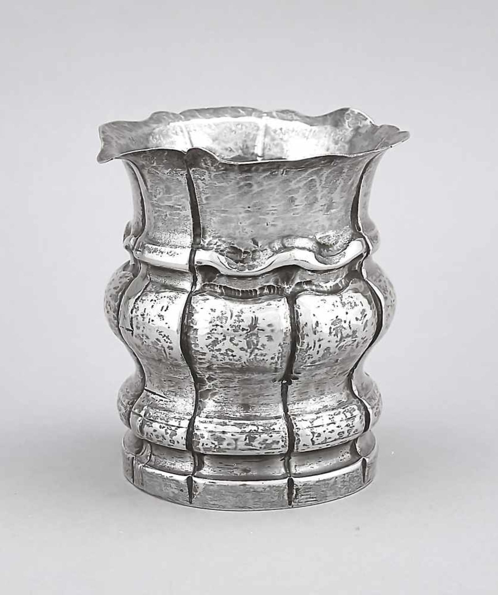 Vase, 20th cent. silver marked, round base, bulgy body, bent lip rim, wall with vertical