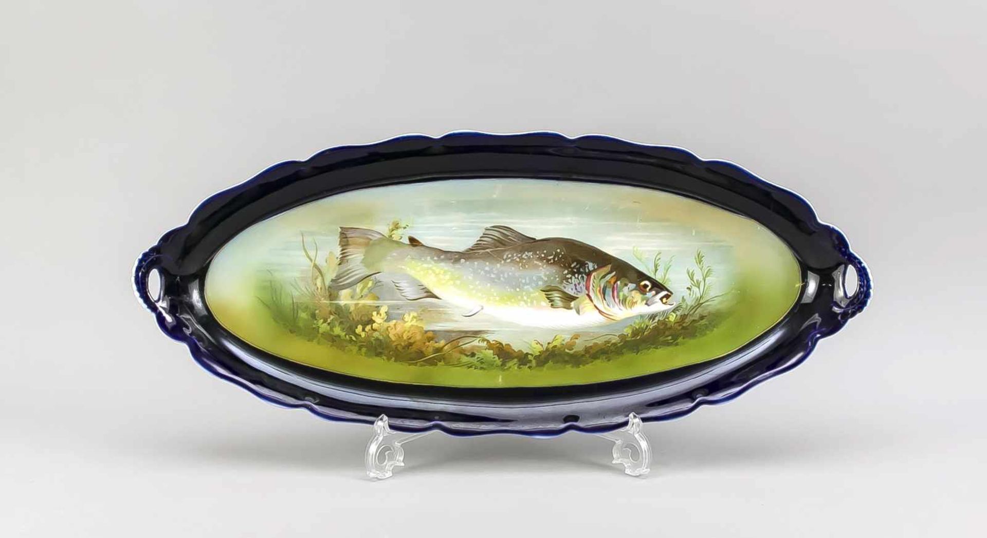 Fischplatte, Rosenthal, um 1900, polychromer Dekor mit schwimmendem Fisch, umgeben