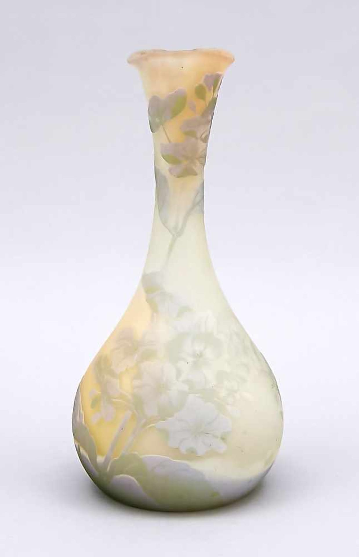 Vase, probably France, 20th cent., Emile Gallé (?), round base, bulgy, pressed body,<