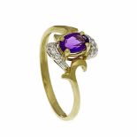 Amethyst ring GG / WG 585/000 unmarked, expertized, with an oval faceted amethyst 7 x 5 mm