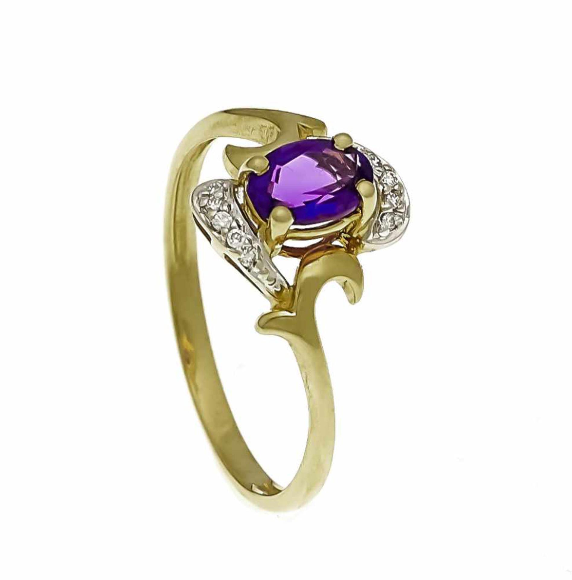 Amethyst ring GG / WG 585/000 unmarked, expertized, with an oval faceted amethyst 7 x 5 mm