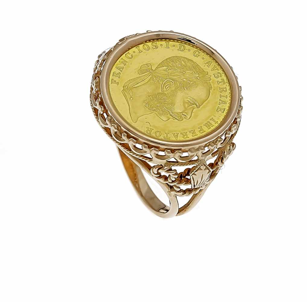 Coin ring GG 750/000 with a gold coin GG 986/000 1 ducat Austria 1915, RG 65, 9.6 g