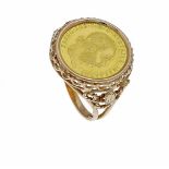 Coin ring GG 750/000 with a gold coin GG 986/000 1 ducat Austria 1915, RG 65, 9.6 g