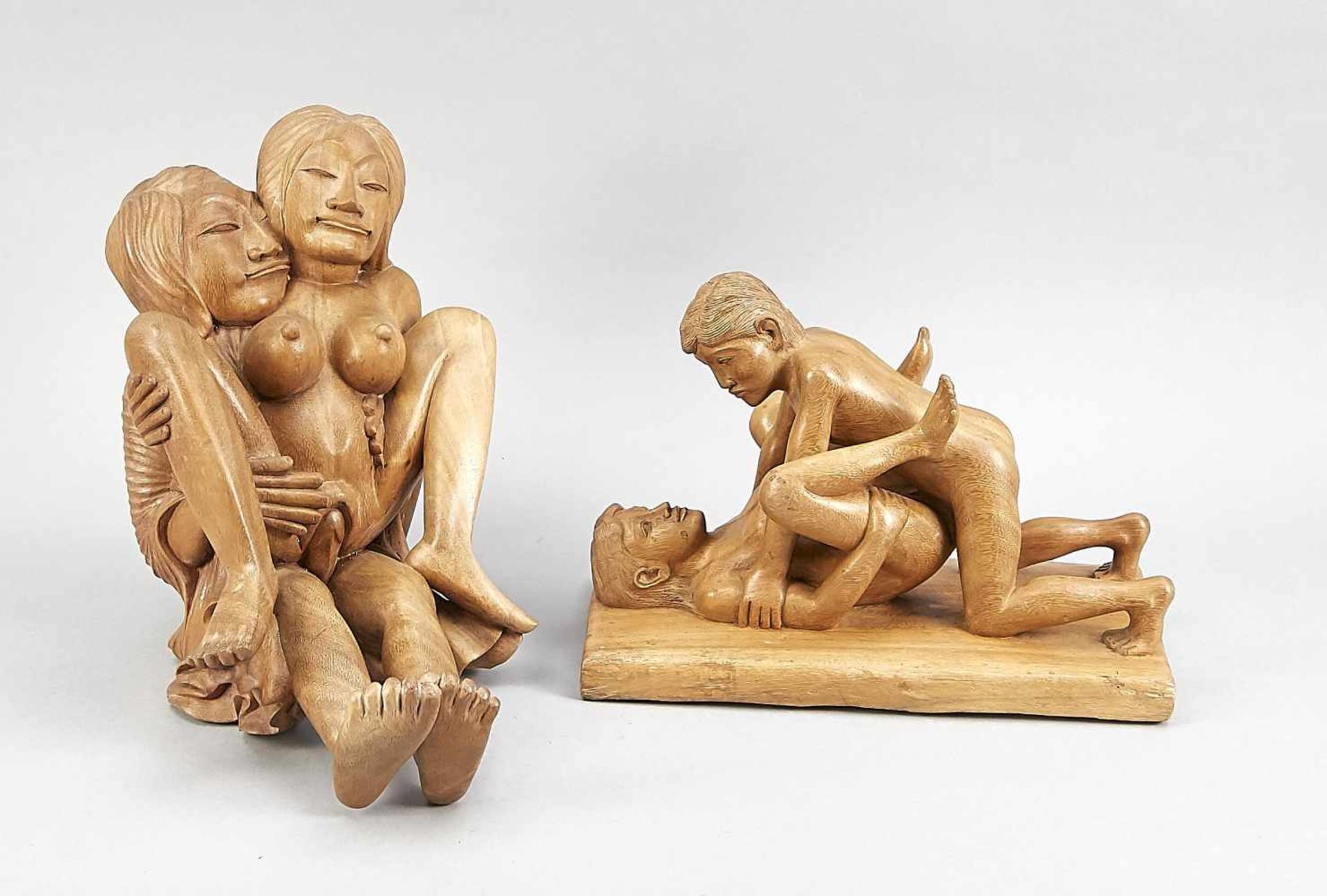 Two loving couples, Southeast Asia, 20th century, wood, carved, polished, partly bumped,