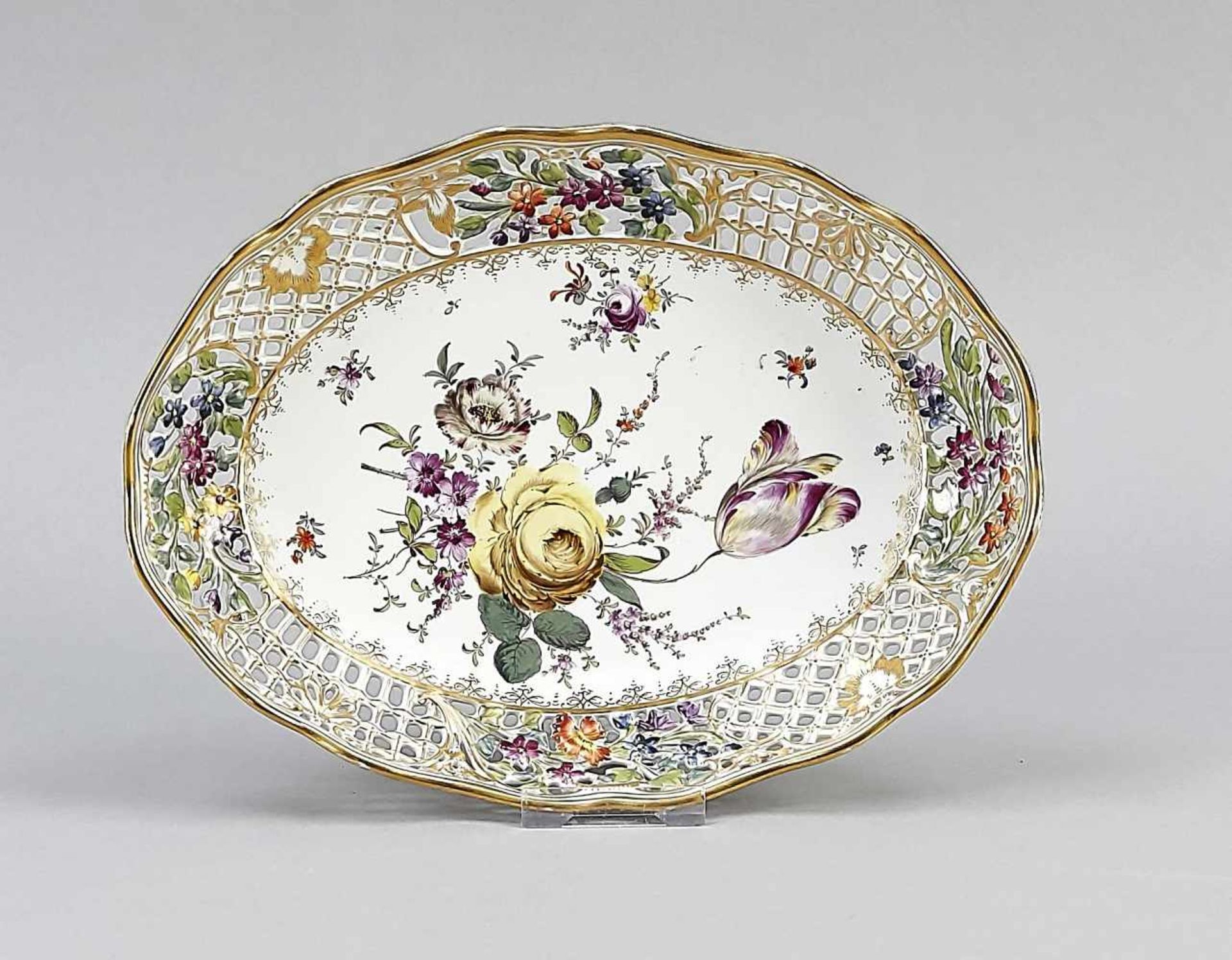 Oval basket bowl, Drseden, 20th century, polychrome flower painting in mirror and on the