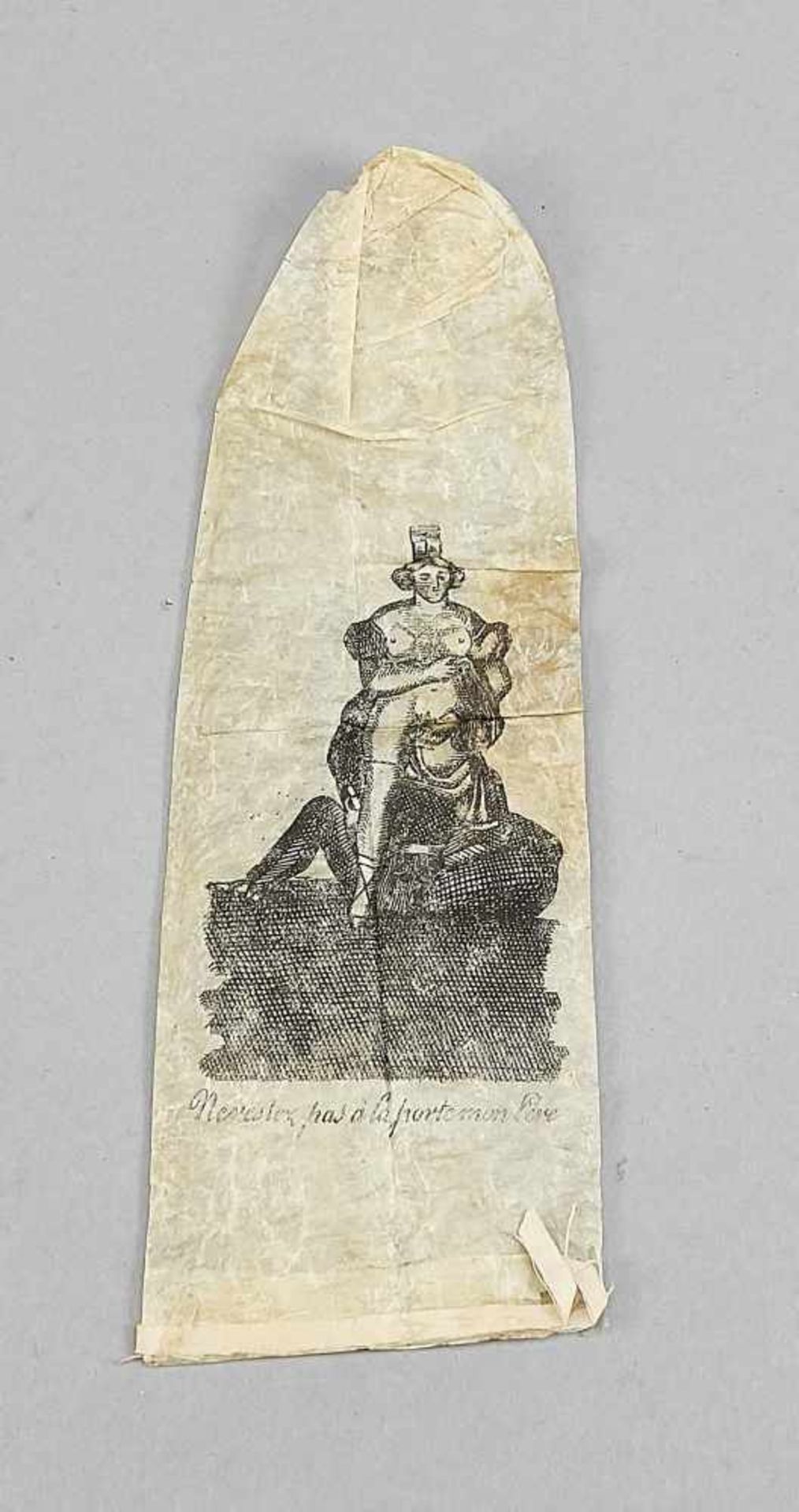 Condom with printed erotic motif, France, mid-19th century, sheep intestine, cotton ribbon