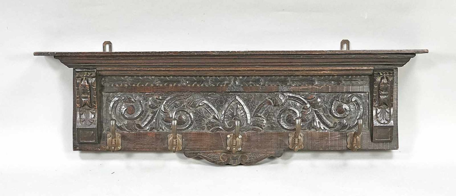 Wall coat rack from the 19th century, blackened softwood with 5 iron hooks and ornamental