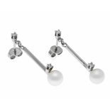 Akoya diamond stud earrings WG 585/000 with 2 Akoya pearls 6.5 mm and 4 diamonds, in total