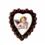 Heart brooch with round faceted garnets 3 mm and a heart-shaped porcelain painting 16 x