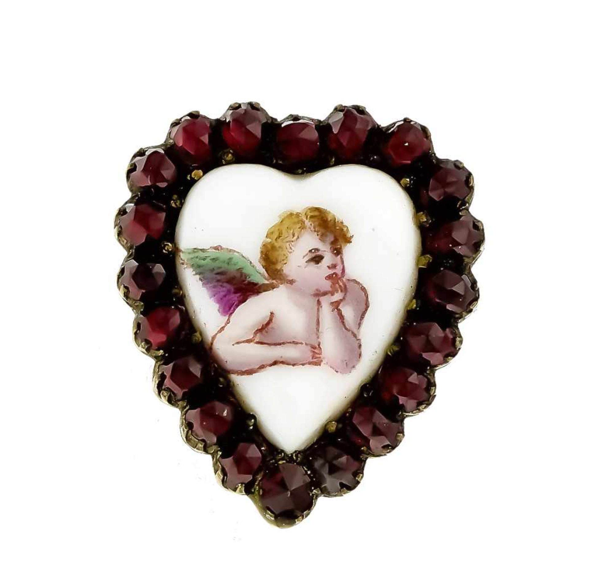 Heart brooch with round faceted garnets 3 mm and a heart-shaped porcelain painting 16 x