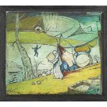 Monogramist E.P., Surrealist mid-20th century, surreal landscape with two figures and all